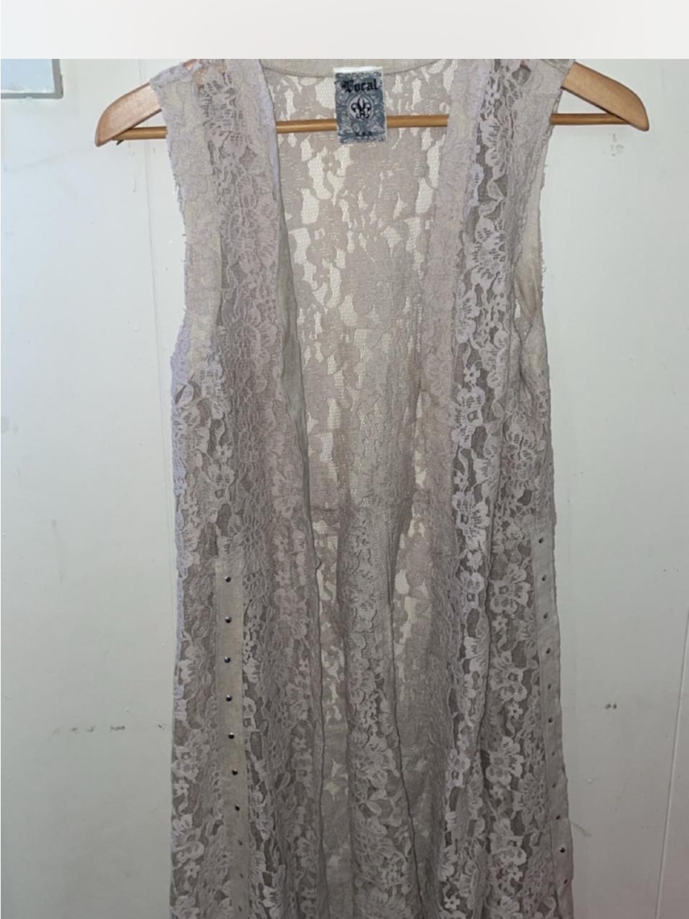 Vocal Beige Lace Long Vest – Sheer Floral Layering Cardigan